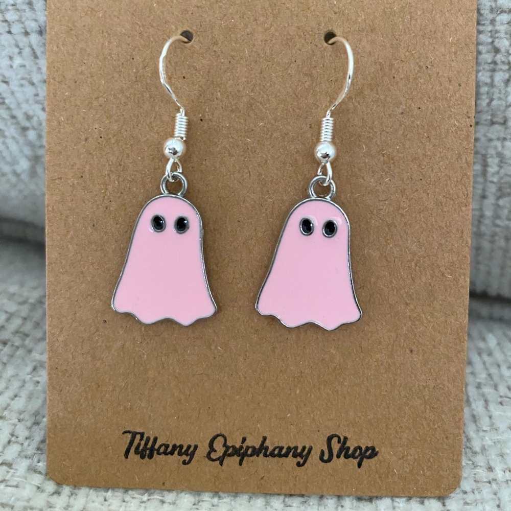 1 Pair Silver Ghost Earrings in Pink, Black, OR White NWT - Picture 4 of 10